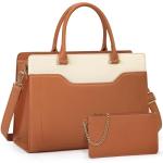 Shopper Grote laptophandtas voor dames, 15,6 inch, PU-leer, werktas, lerarentas, waterdicht, laptoptas met portemonnee voor business, kantoor, school, bruin+wit, Elegant