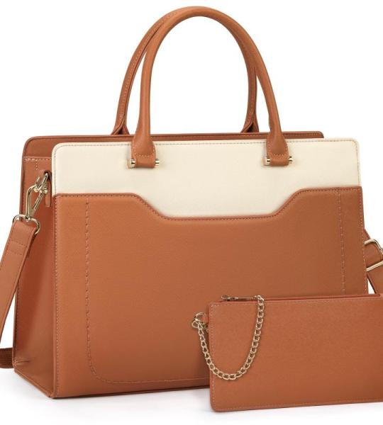 Shopper Grote laptophandtas voor dames, 15,6 inch, PU-leer, werktas, lerarentas, waterdicht, laptoptas met portemonnee voor business, kantoor, school, bruin+wit, Elegant