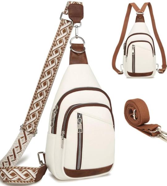 Borstzak voor dames, sling bag, 2-in-1 rugzak, klein, met 2 afneembare schouderbanden, PU-leer, crossbody tas, schoudertas, handtas, schoudertas, diefstalbestendig, wit/bruin.