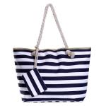 Grote waterafstotende strandtas met rits 58 x 38 x 18 cm gestreept donkerblauw wit shopper schoudertas