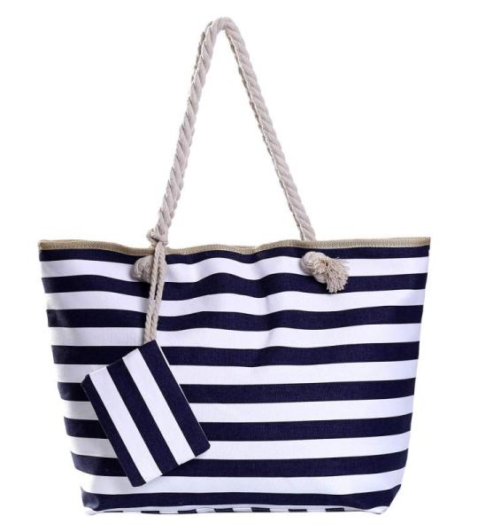 Grote waterafstotende strandtas met rits 58 x 38 x 18 cm gestreept donkerblauw wit shopper schoudertas
