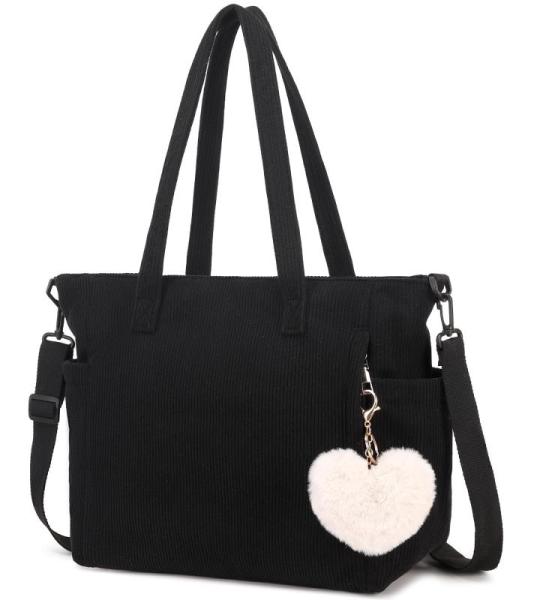 Cord Tote Bag tas dames schoudertas grote shopper tas handtas schoudertas voor werk kantoor reizen winkelen school, zwart, Large, Schoudertas