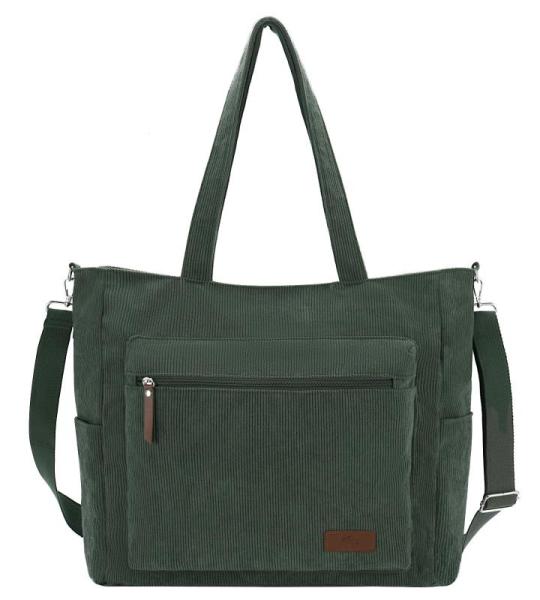 Corduroy draagtas, grote schoudertas voor dames, lichtgewicht casual crossbody handtas met rits voor werk, reizen, winkelen, Groen