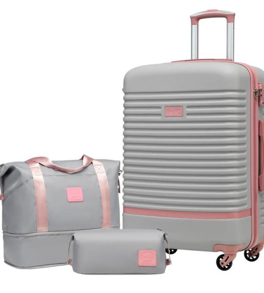 COOLIFE Koffer trolley koffer reiskoffer van ABS hard shell trolley 4 wielen TSA-slot de koffer bevat 1 reistas en 1 toilettas, grijs/roze, koffer