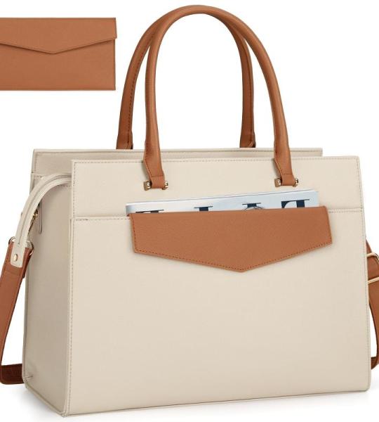 Handtas voor dames, schoudertas, 2-in-1 shopper voor dames, 15,6 inch, groot, PU-leer, laptoptas, waterdicht, werktas voor business, kantoor, school, beige met bruin, Utility