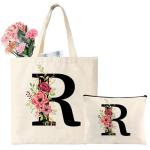 Katoenen tas gepersonaliseerd met naam initial boodschappentas met letters vrouwen draagtas en make-uptas cadeau voor vriendin bruidsmeisje mama voor verjaardagen, bruiloft (R)