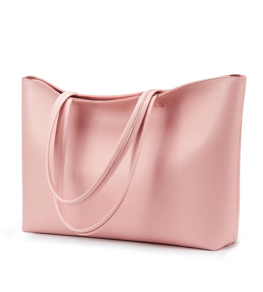 Totebag, grote schoudertas met ritssluiting van waterdicht PU-leer, damestas voor werk, school, reizen, dagelijks gebruik, roze, Large