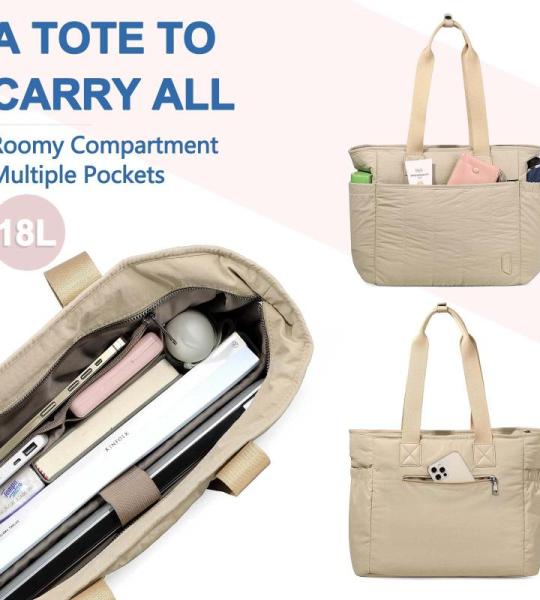 Puffer Tote Bag voor Vrouwen, Utility Work Gewatteerde Puffy Tote Portemonnee met Compartiment Handtas, Beige