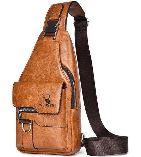 Sling tas voor heren, leren borsttas, waterdichte , casual lichte tas, mobiele telefoontas, crossbody tas voor wandelen, fietsen, kamperen, lichtbruin