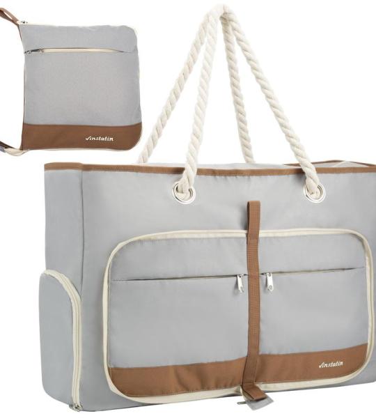 Vinstatin Grote strandtas voor dames, lichte, veelzijdige shopper met ritssluiting, waterdichte zwemtas, draagtas, saunatas, draagtas voor strand, reizen, familie, grijs