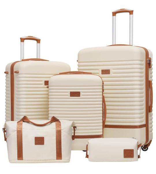 COOLIFE Koffer trolley koffer reiskoffer van ABS harde schaal trolley 4 wielen TSA-slot De koffer bevat 1 reistas en 1 toilettas, wit/bruin., Koffer Trolley Koffer Reiskoffer van A