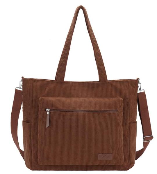 Corduroy draagtas, grote schoudertas voor dames, lichtgewicht casual crossbody handtas met rits voor werk, reizen, winkelen, Bruin