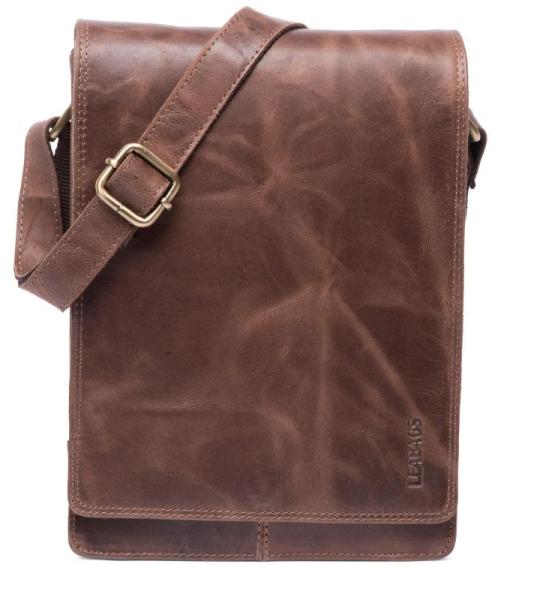 LEABAGS Leren schoudertas voor dames en heren, messenger bag met schouderriem, werktas, draagtas, handtas, echt lederen tas, Vintage cognac, Boheems, gedeconstrueerd, minimalistisc