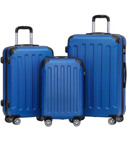 BEIBYE Koffer met harde schaal, trolley, rolkoffer, reiskoffer, veiligheid, cijferslot, dubbele wielen, ABS-materiaal, handbagage, 4 wielen, M-L-XL-set, blauw