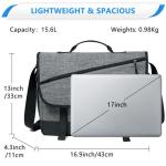 Schoudertas voor heren, waterafstotend, 15,6 inch, laptoptas, met gevoerde schouderriem, schooltas, herentas voor werk, school, business dames, 17 inch koolstofgrijs, Eén maat,