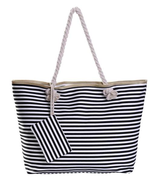 Grote waterafstotende strandtas met rits 58 x 38 x 18 cm gestreept zwart wit shopper schoudertas