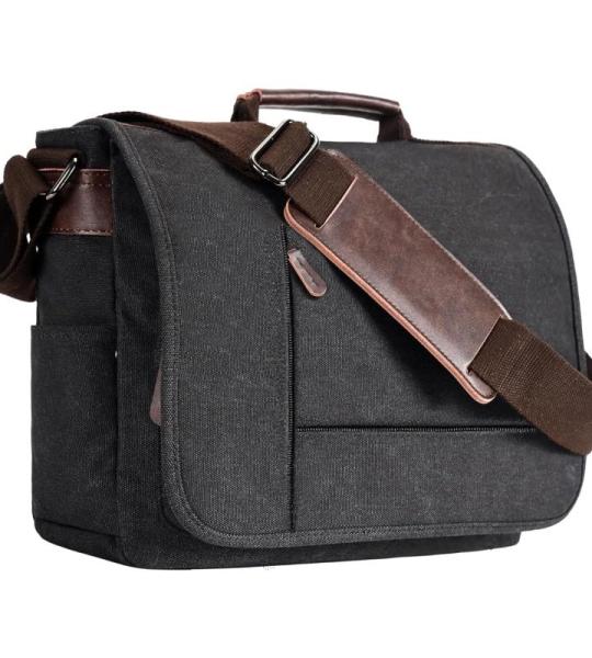 Messenger Bag Canvas, Laptoptas voor heren, zwart, retro, casual, voor werk, strand, reizen, school, winkelen, Zwart-702, L, onbezorgd