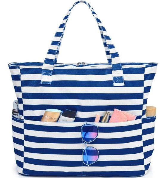 Grote strandtas voor dames, schoudertas, handtas, waterdicht, zanddicht met ritssluiting, voor zwembad, fitnessstudio, reizen, met zak voor natte spullen., Blauwe witte strepen.