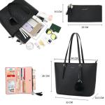 Handtas voor dames, set met zwarte tas met portemonnee voor kantoor, school, winkelen, handtas dames, groot, met kwastjes, dames en bont, bal, pluche sleutelring, zwart