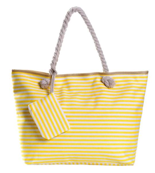 Grote waterafstotende strandtas met rits 58 x 38 x 18 cm gestreept geel wit shopper schoudertas