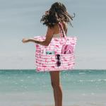 Grote strandtas voor dames, schoudertas, handtas, waterdicht, zanddicht met ritssluiting, voor zwembad, fitnessstudio, reizen, met zak voor natte spullen., roze flamingo