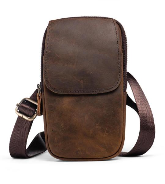 hengwin Multifunctionele echt lederen tas met dubbele ritssluiting, vintage look, schoudertas, mobiele telefoon, riemtas, telefoonholster voor reizen, outdoor-activiteiten