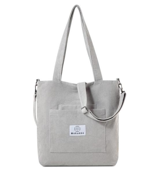 Makukke Schoudertas voor dames - corduroy schoudertas dames handtas, shopper dames hengseltas voor kantoor school winkelen reizen, grijs, draagtas