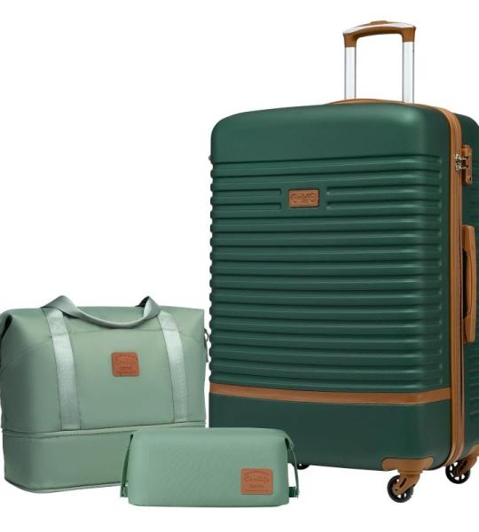 COOLIFE Koffer trolley koffer reiskoffer van ABS hard shell trolley 4 wielen TSA-slot de koffer bevat 1 reistas en 1 toilettas, donkergroen/bruin, koffer