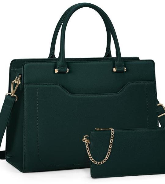 Shopper Grote laptophandtas voor dames, 15,6 inch, PU-leer, werktas, lerarentas, waterdicht, laptoptas met portemonnee voor business, kantoor, school, groen, Elegant