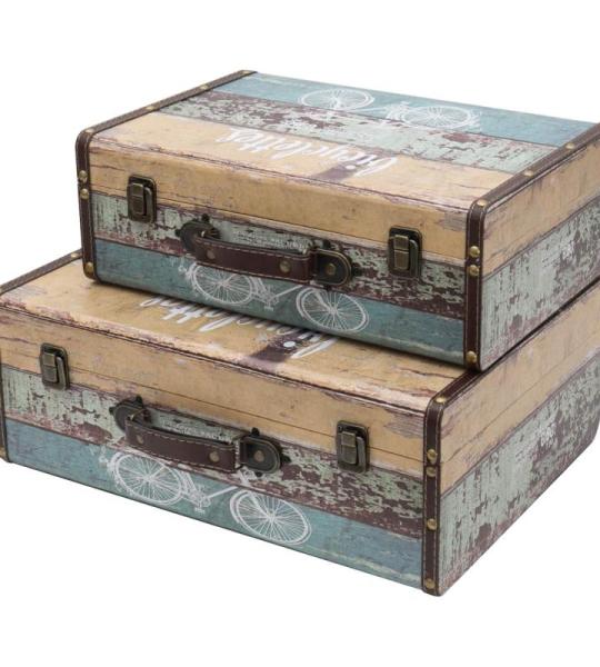 HMF VKO106 Vintage koffer van hout, set van 2, verschillende maten, decoratieve fiets