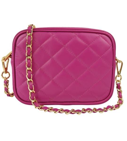 , Dames schoudertas, gewatteerd, van echt leer, gemaakt in Italië, model Nora, kleine tas met ketting schoudertas clutch voor dames, elegant meisje, Fuchsia