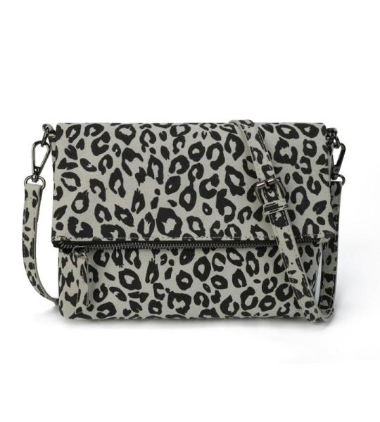 Schoudertas voor dames, schoudertas met ritssluiting, crossbody tas, leren handtas, klein, dagrugzak, Grijs-luipaard, Small