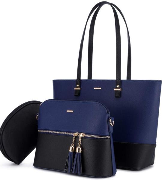 Dames Handtas Set Schoudertas Schoudertas PU Lederen Handtas 3 Stuks Grote Designer Tas Middelgrote Mode Elegante, Blauw + zwart., M, Elegant