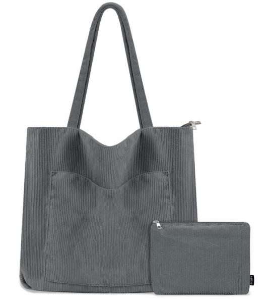 Tote Bag Dames Corduroy shopper tas dames grote schoudertas handtas dames met cosmeticatas voor winkelen, werken, reizen en school, grijs