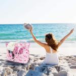 Grote strandtas voor dames, schoudertas, handtas, waterdicht, zanddicht met ritssluiting, voor zwembad, fitnessstudio, reizen, met zak voor natte spullen., roze flamingo