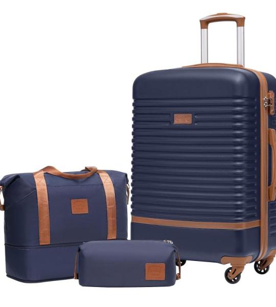 COOLIFE Koffer trolley koffer reiskoffer van ABS harde schaal trolley 4 wielen TSA-slot De koffer bevat 1 reistas en 1 toilettas, blauw/bruin, Koffer Trolley Koffer Reiskoffer van 