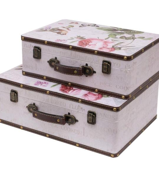 HMF VKO102 vintage koffer van hout | set van 2 | verschillende maten | decoratieve roos