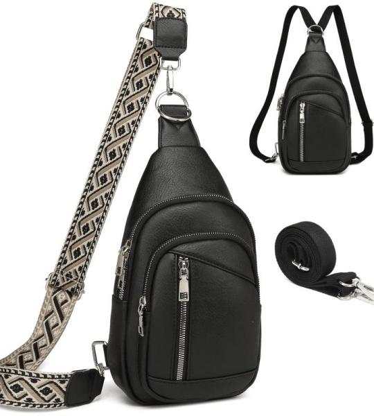 Borstzak voor dames, sling bag, 2-in-1 rugzak, klein, met 2 afneembare schouderbanden, PU-leer, crossbody tas, schoudertas, handtas, schoudertas, diefstalbestendig, zwart