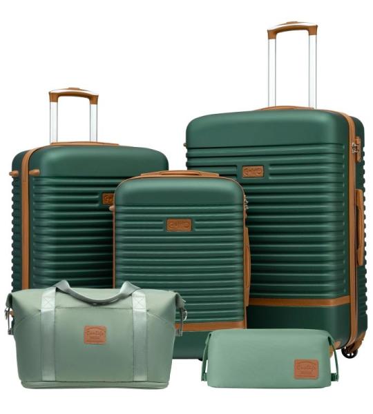 COOLIFE Koffer trolley koffer reiskoffer van ABS hard shell trolley 4 wielen TSA-slot de koffer bevat 1 reistas en 1 toilettas, donkergroen/bruin, koffer