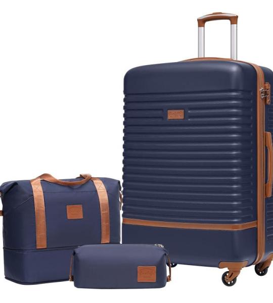 COOLIFE Koffer trolley koffer reiskoffer van ABS harde schaal trolley 4 wielen TSA-slot De koffer bevat 1 reistas en 1 toilettas, blauw/bruin, Koffer Trolley Koffer Reiskoffer van 