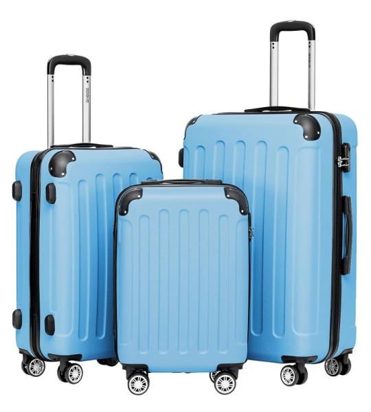 BEIBYE Koffer met harde schaal, trolley, rolkoffer, reiskoffer, veiligheid, cijferslot, dubbele wielen, ABS-materiaal, handbagage, 4 wielen, M-L-XL-set, Glacial Blue