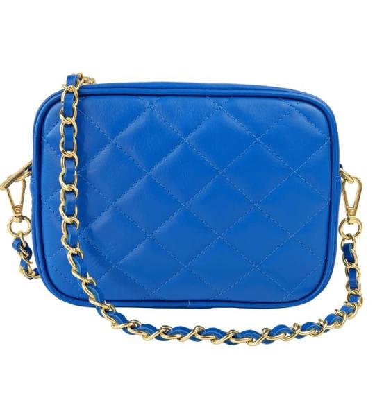 , Dames schoudertas, gewatteerd, van echt leer, gemaakt in Italië, model Nora, kleine tas met ketting schoudertas clutch voor dames, elegant meisje, Bluette