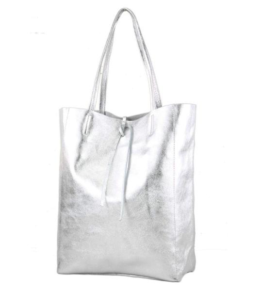 Modamoda T163 Shopper, tas, van leer, groot, met binnenvak, zilver-metallic, Large