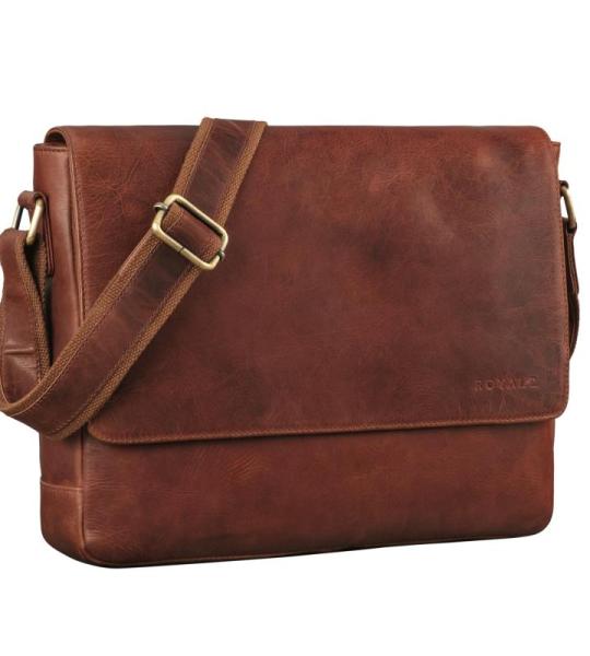 Moderne leren tas heren schoudertas dames groot leer smal 'San Diego' - als laptoptas 14-15 inch voor universiteit en werk business aktetas, Roma Cognac bruin, Medium