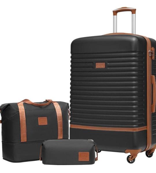 COOLIFE Koffer trolley koffer reiskoffer van ABS harde schaal trolley 4 wielen TSA-slot De koffer bevat 1 reistas en 1 toilettas, zwart/bruin, Koffer Trolley Koffer Reiskoffer van 