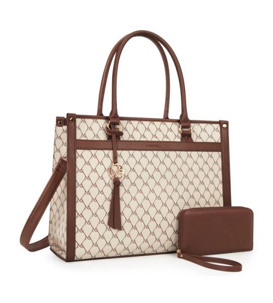 Handtas dames laptoptas 15,6 inch shopper grote hengseltas aktetas dames lederen schoudertas zakelijke tas 2-delige set, bruin en beige