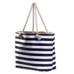 Grote waterafstotende strandtas met rits 58 x 38 x 18 cm gestreept donkerblauw wit shopper schoudertas