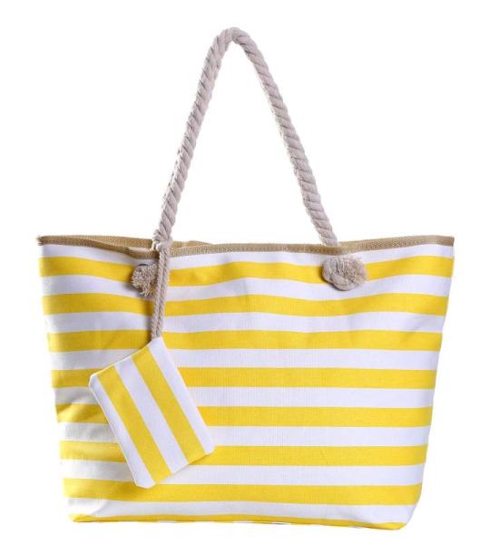 Grote waterafstotende strandtas met rits 58 x 38 x 18 cm gestreept geel wit shopper schoudertas