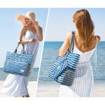 Grote strandtas voor vrouwen, waterdicht, zandbestendig, strandtas met make-uptas met ritszak (marineblauwe streep)