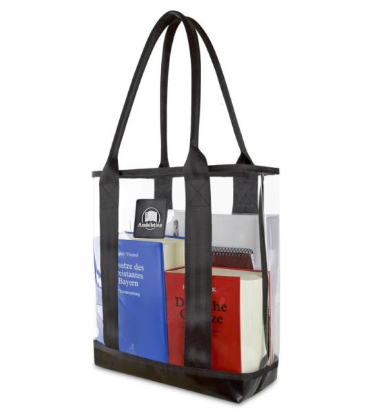 Ambibtion Transparante shopper bib tas voor wetteksten, leerboeken, mappen, laptop; duurzame, doorzichtige draagtas voor bibliotheek, winkelen, luchthaven, strand